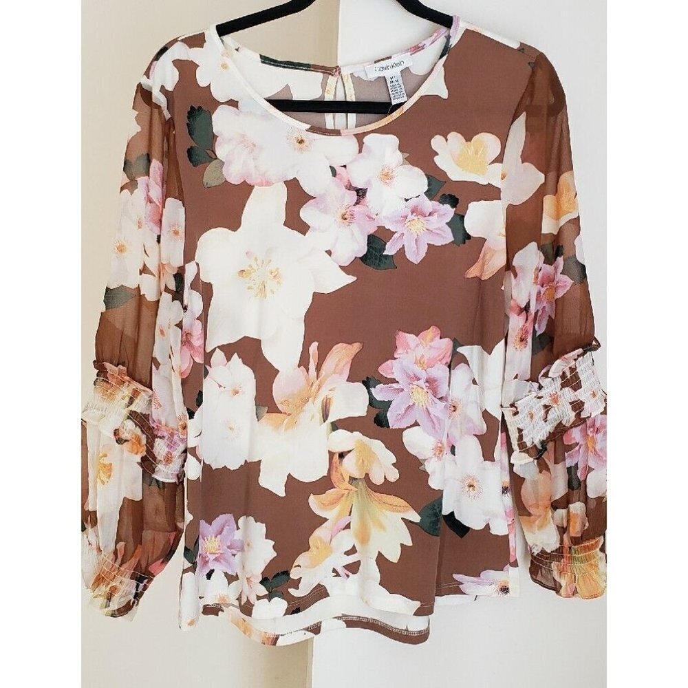 NWT CALVIN KLEIN LONG SHEER SLEEVE BLOUSE MULTICOLOR SZ M - Picture 2 of 6